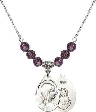18" Rhodium Plated Necklace with 4mm Amethyst Crystal Beads featuring a Sterling Silver Sorrowful Mother Medal.
