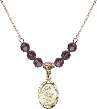 18" Hamilton Gold Plated Necklace with 4mm Amethyst Crystal Beads featuring a 14kt Gold Filled Guardian Angel Medal. Engraved Catholic Saint Jewelry