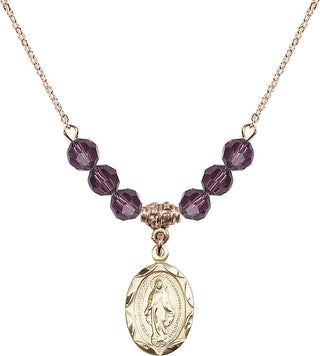 18" Hamilton Gold Plated Necklace with 4mm Amethyst Crystal Beads featuring a 14kt Gold Filled Miraculous Medal.