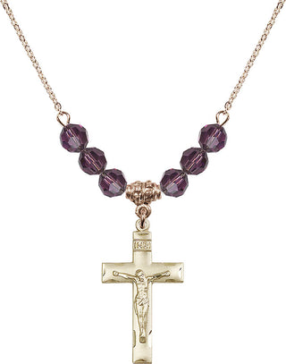 18" Hamilton Gold Plated Necklace with 4mm Amethyst Crystal Beads featuring a 14kt Gold Filled Crucifix Medal.