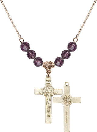 18" Hamilton Gold Plated Necklace with 4mm Amethyst Crystal Beads featuring a 14kt Gold Filled Saint Benedict Crucifix Medal.