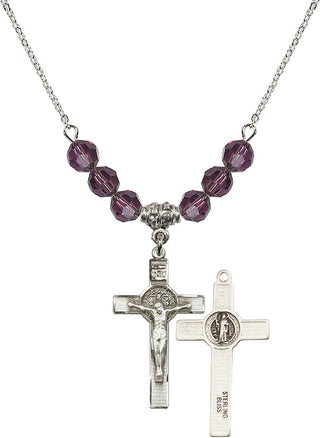 18" Rhodium Plated Necklace with 4mm Amethyst Crystal Beads featuring a Sterling Silver Saint Benedict Crucifix Medal.