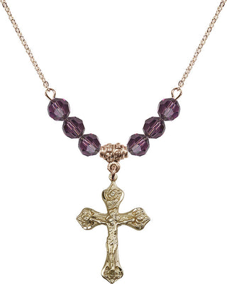 18" Hamilton Gold Plated Necklace with 4mm Amethyst Crystal Beads featuring a 14kt Gold Filled Crucifix Medal.