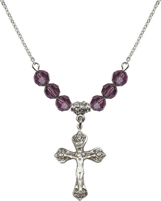 18" Rhodium Plated Necklace with 4mm Amethyst Crystal Beads featuring a Sterling Silver Crucifix Medal.