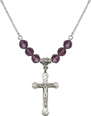 18" Rhodium Plated Necklace with 4mm Amethyst Crystal Beads featuring a Sterling Silver Crucifix Medal.