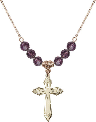 18" Hamilton Gold Plated Necklace with 4mm Amethyst Crystal Beads featuring a 14kt Gold Filled Cross Medal.