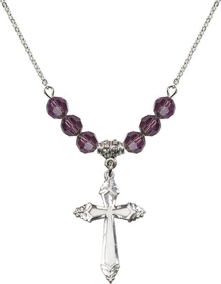18" Rhodium Plated Necklace with 4mm Amethyst Crystal Beads featuring a Sterling Silver Cross Medal.