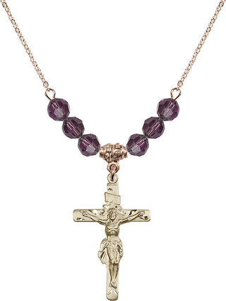 18" Hamilton Gold Plated Necklace with 4mm Amethyst Crystal Beads featuring a 14kt Gold Filled Crucifix Medal.
