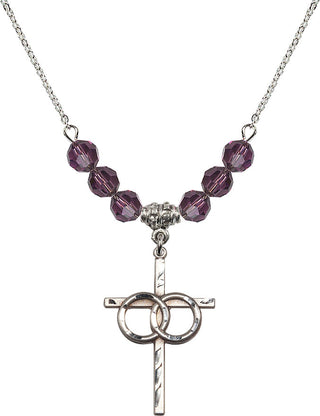 18" Rhodium Plated Necklace with 4mm Amethyst Crystal Beads featuring a Sterling Silver Wedding Rings Cross Medal.