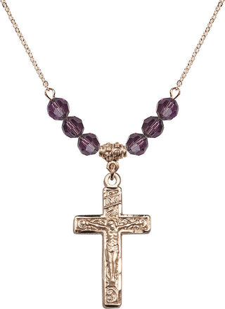 18" Hamilton Gold Plated Necklace with 4mm Amethyst Crystal Beads featuring a 14kt Gold Filled Crucifix Medal.