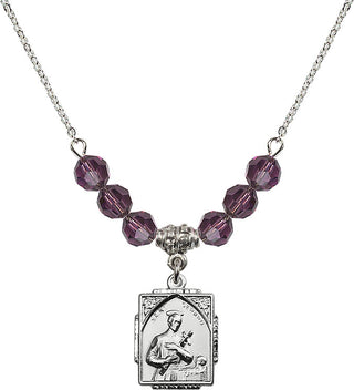 18" Rhodium Plated Necklace with 4mm Amethyst Crystal Beads featuring a Sterling Silver Saint Gerard Medal. Engraved Catholic Saint Jewelry