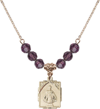 18" Hamilton Gold Plated Necklace with 4mm Amethyst Crystal Beads featuring a 14kt Gold Filled Infant of Prague Medal. Engraved Catholic Saint Jewelry