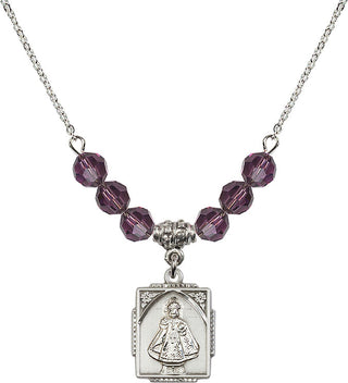 18" Rhodium Plated Necklace with 4mm Amethyst Crystal Beads featuring a Sterling Silver Infant of Prague Medal. Engraved Catholic Saint Jewelry