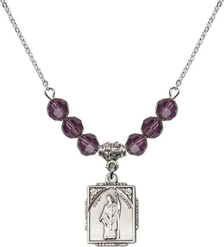 18" Rhodium Plated Necklace with 4mm Amethyst Crystal Beads featuring a Sterling Silver Saint Patrick Medal. Engraved Catholic Saint Jewelry