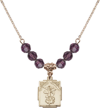 18" Hamilton Gold Plated Necklace with 4mm Amethyst Crystal Beads featuring a 14kt Gold Filled Saint Michael the Archangel Medal. Engraved Catholic Saint Jewelry