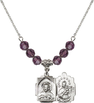 18" Rhodium Plated Necklace with 4mm Amethyst Crystal Beads featuring a Sterling Silver Scapular Medal.