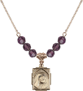 18" Hamilton Gold Plated Necklace with 4mm Amethyst Crystal Beads featuring a 14kt Gold Filled Saint Teresa of Calcutta Medal. Engraved Catholic Saint Jewelry