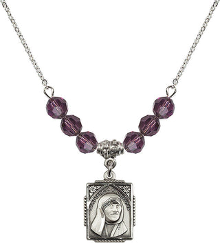 18" Rhodium Plated Necklace with 4mm Amethyst Crystal Beads featuring a Sterling Silver Saint Teresa of Calcutta Medal. Engraved Catholic Saint Jewelry