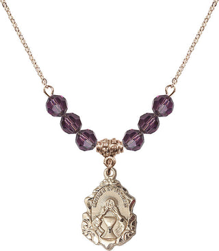 18" Hamilton Gold Plated Necklace with 4mm Amethyst Crystal Beads featuring a 14kt Gold Filled Mother of a Priest Medal. Engraved Catholic Saint Jewelry