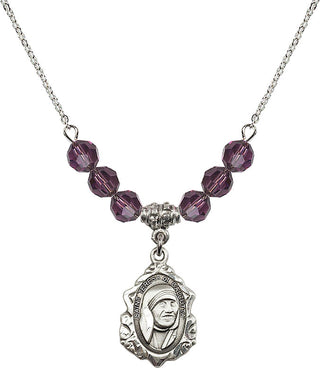 18" Rhodium Plated Necklace with 4mm Amethyst Crystal Beads featuring a Sterling Silver Saint Teresa of Calcutta Medal.