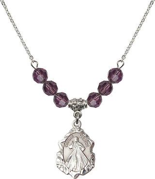 18" Rhodium Plated Necklace with 4mm Amethyst Crystal Beads featuring a Sterling Silver Divine Mercy Medal. Engraved Catholic Saint Jewelry