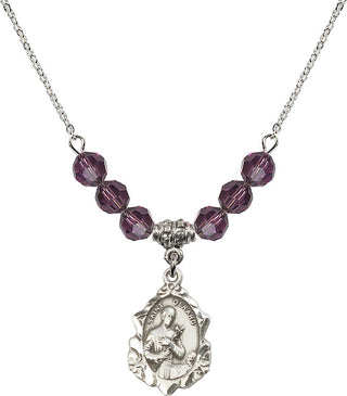 18" Rhodium Plated Necklace with 4mm Amethyst Crystal Beads featuring a Sterling Silver Saint Gerard Medal. Engraved Catholic Saint Jewelry