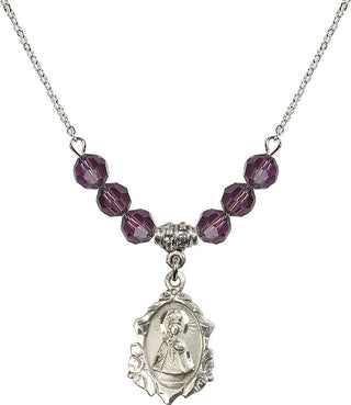 18" Rhodium Plated Necklace with 4mm Amethyst Crystal Beads featuring a Sterling Silver Infant of Prague Medal. Engraved Catholic Saint Jewelry