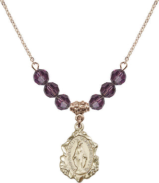 18" Hamilton Gold Plated Necklace with 4mm Amethyst Crystal Beads featuring a 14kt Gold Filled Miraculous Medal. Engraved Catholic Saint Jewelry