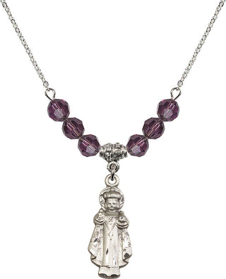 18" Rhodium Plated Necklace with 4mm Amethyst Crystal Beads featuring a Sterling Silver Infant of Prague Medal.