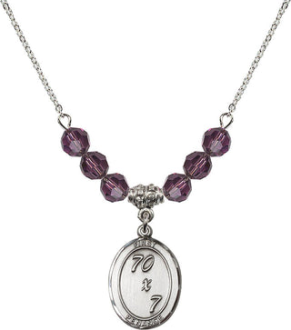 18" Rhodium Plated Necklace with 4mm Amethyst Crystal Beads featuring a Sterling Silver First Penance Medal.