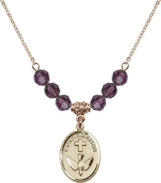 18" Hamilton Gold Plated Necklace with 4mm Amethyst Crystal Beads featuring a 14kt Gold Filled Confirmation Medal.