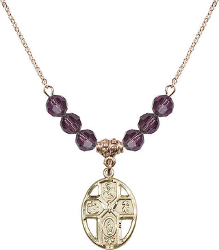 18" Hamilton Gold Plated Necklace with 4mm Amethyst Crystal Beads featuring a 14kt Gold Filled 5-Way / Holy Spirit Medal.