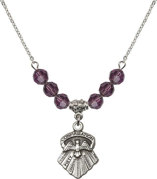 18" Rhodium Plated Necklace with 4mm Amethyst Crystal Beads featuring a Sterling Silver Seven Gifts Medal.