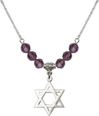 18" Rhodium Plated Necklace with 4mm Amethyst Crystal Beads featuring a Sterling Silver Star of David Medal.