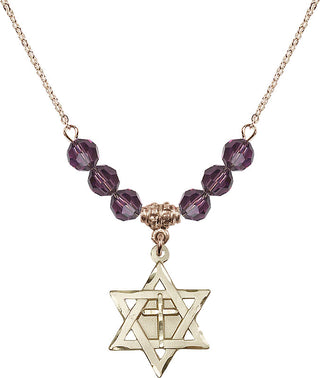 18" Hamilton Gold Plated Necklace with 4mm Amethyst Crystal Beads featuring a 14kt Gold Filled Star of David with Cross Medal.