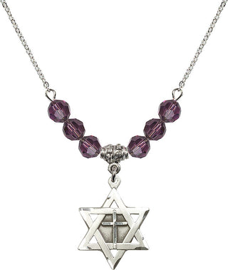 18" Rhodium Plated Necklace with 4mm Amethyst Crystal Beads featuring a Sterling Silver Star of David with Cross Medal.