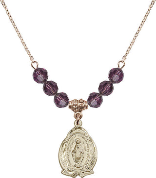 18" Hamilton Gold Plated Necklace with 4mm Amethyst Crystal Beads featuring a 14kt Gold Filled Miraculous Medal.