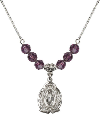 18" Rhodium Plated Necklace with 4mm Amethyst Crystal Beads featuring a Sterling Silver Miraculous Medal.