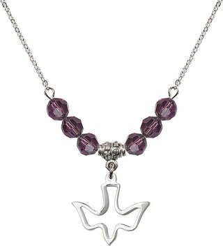 18" Rhodium Plated Necklace with 4mm Amethyst Crystal Beads featuring a Sterling Silver Holy Spirit Medal.