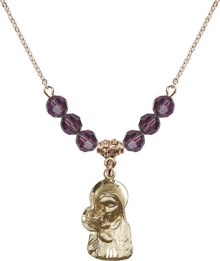 18" Hamilton Gold Plated Necklace with 4mm Amethyst Crystal Beads featuring a 14kt Gold Filled Madonna & Child Medal.