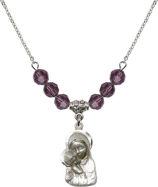 18" Rhodium Plated Necklace with 4mm Amethyst Crystal Beads featuring a Sterling Silver Madonna & Child Medal.
