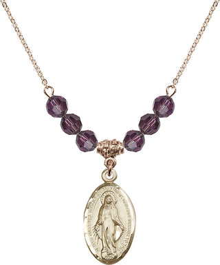 18" Hamilton Gold Plated Necklace with 4mm Amethyst Crystal Beads featuring a 14kt Gold Filled Miraculous Medal.