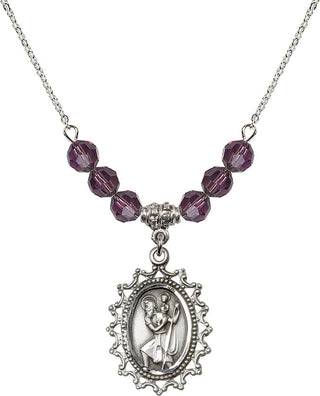 18" Rhodium Plated Necklace with 4mm Amethyst Crystal Beads featuring a Sterling Silver Saint Christopher Medal.