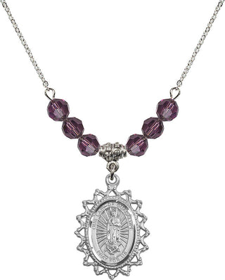 18" Rhodium Plated Necklace with 4mm Amethyst Crystal Beads featuring a Sterling Silver Our Lady of Guadalupe Medal.