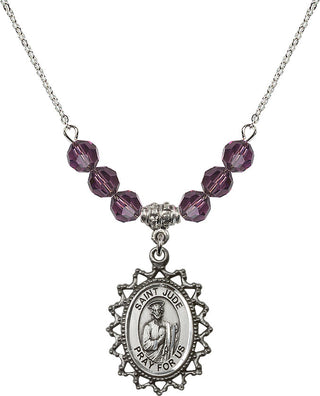 18" Rhodium Plated Necklace with 4mm Amethyst Crystal Beads featuring a Sterling Silver Saint Jude Medal.