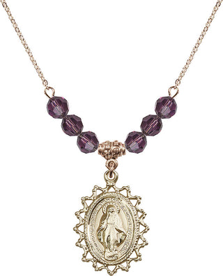 18" Hamilton Gold Plated Necklace with 4mm Amethyst Crystal Beads featuring a 14kt Gold Filled Miraculous Medal.