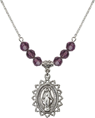 18" Rhodium Plated Necklace with 4mm Amethyst Crystal Beads featuring a Sterling Silver Miraculous Medal.