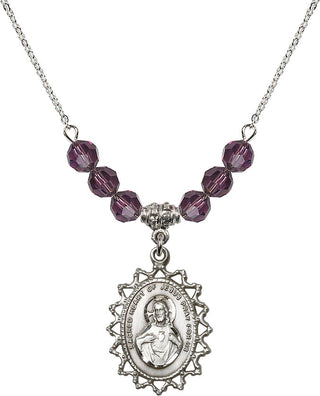 18" Rhodium Plated Necklace with 4mm Amethyst Crystal Beads featuring a Sterling Silver Scapular Medal.