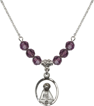 18" Rhodium Plated Necklace with 4mm Amethyst Crystal Beads featuring a Sterling Silver Madonna Medal.