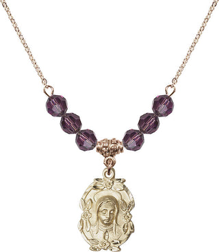 18" Hamilton Gold Plated Necklace with 4mm Amethyst Crystal Beads featuring a 14kt Gold Filled Madonna Medal.